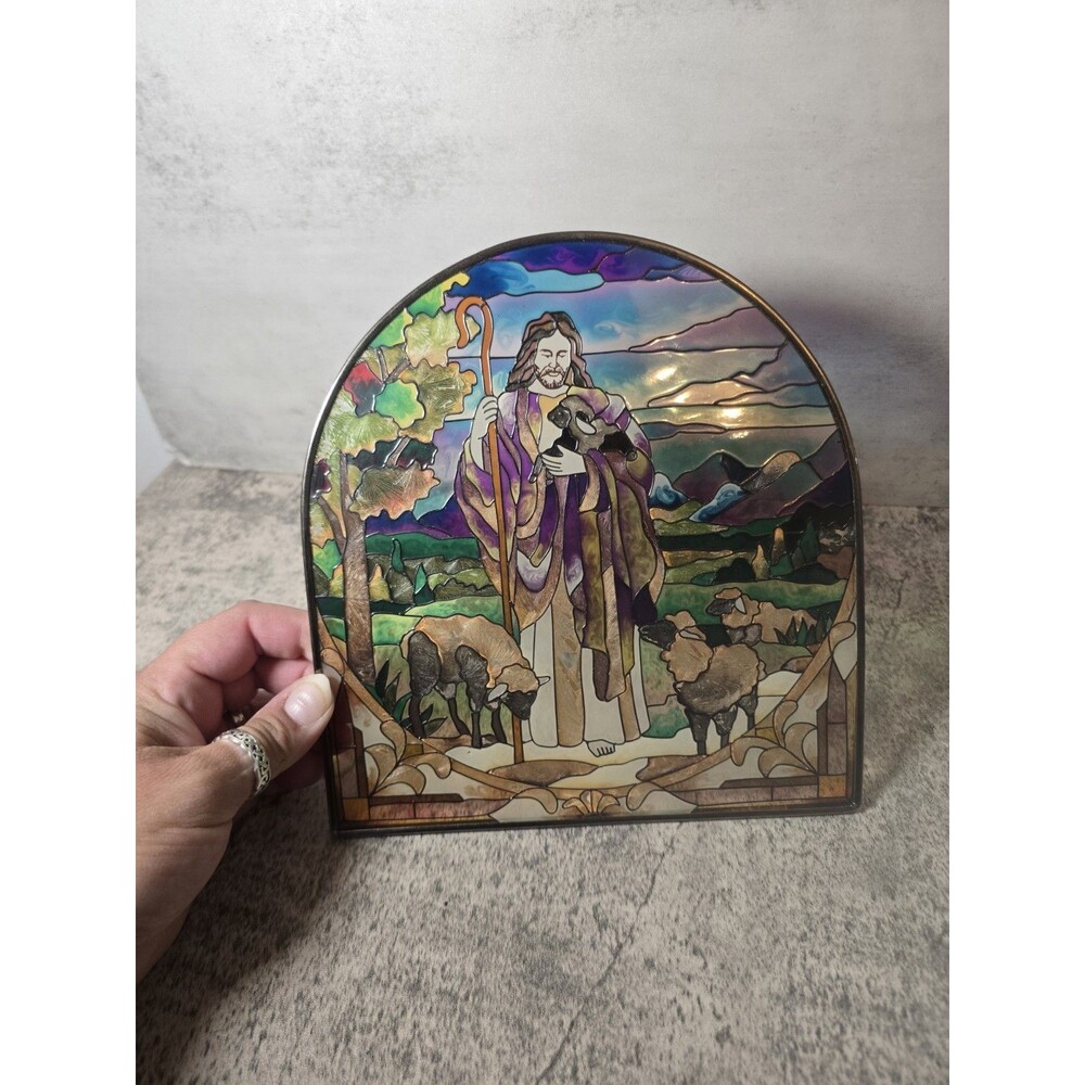 Hand Painted Religious Stained Glass Sun Catcher Jesus w/Lambs Mountains